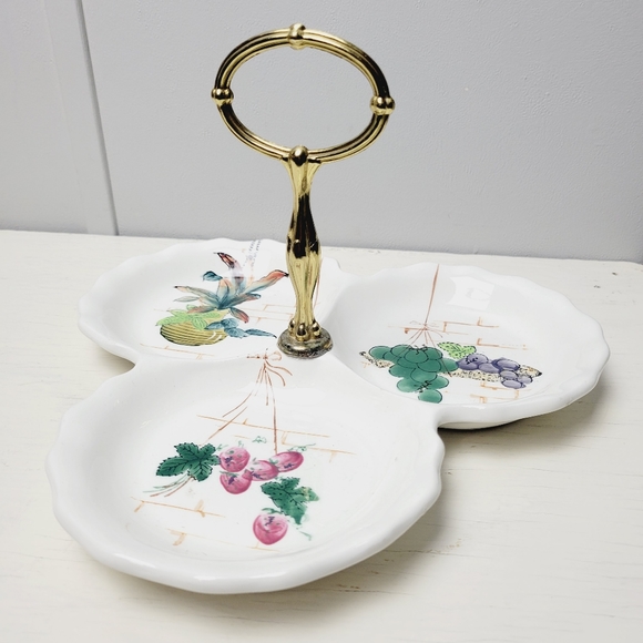 Vintage Japan Divided 3 Section Serving Dish Porcelain Hand Painted Fruit Brass - Picture 1 of 12